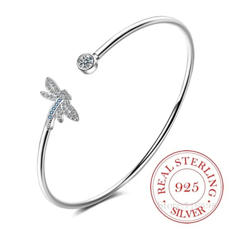 925 Sterling Silver Crystal Butterfly/Dragonfly/Heart Charm Bangles For Women Bracelet &Bangle Wedding Birthday Party Jewelry