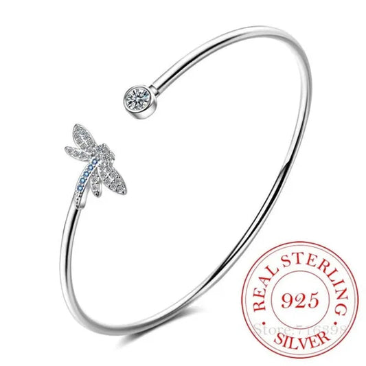 925 Sterling Silver Crystal Butterfly/Dragonfly/Heart Charm Bangles For Women Bracelet &Bangle Wedding Birthday Party Jewelry