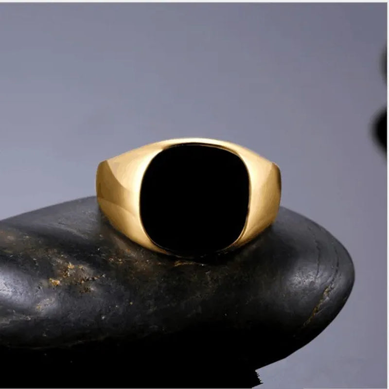 Men's Classic Simple Rounded Square Dripping Oil Stainless Steel Ring Silver Plated Gold Color Groom Wedding Engagement Anniversary Gift Jewelry