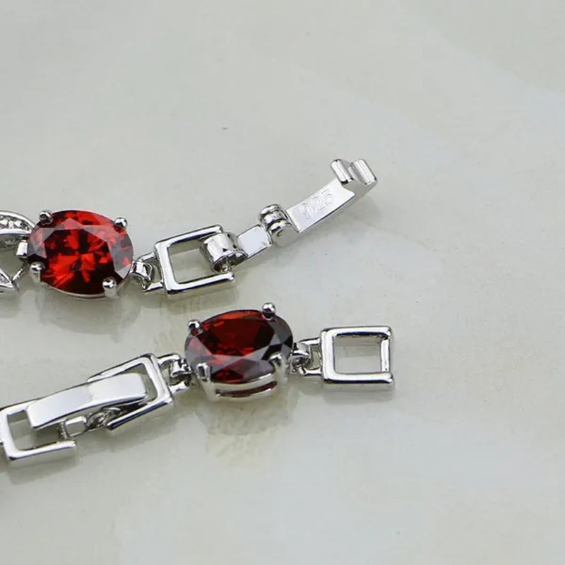 925 Sterling Silver Jewelry Oval Red Ruby White Topaz Chain&Link Bracelet Christmas Gifts For Women Wedding Free Gifts Box