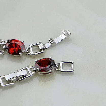 925 Sterling Silver Jewelry Oval Red Ruby White Topaz Chain&Link Bracelet Christmas Gifts For Women Wedding Free Gifts Box