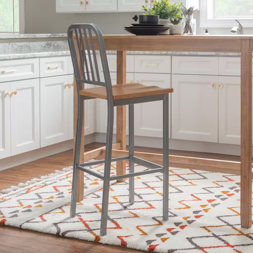 Washington 30 In. Silver Slat Back Metal Bar Stool with Wood Seat Set of 2