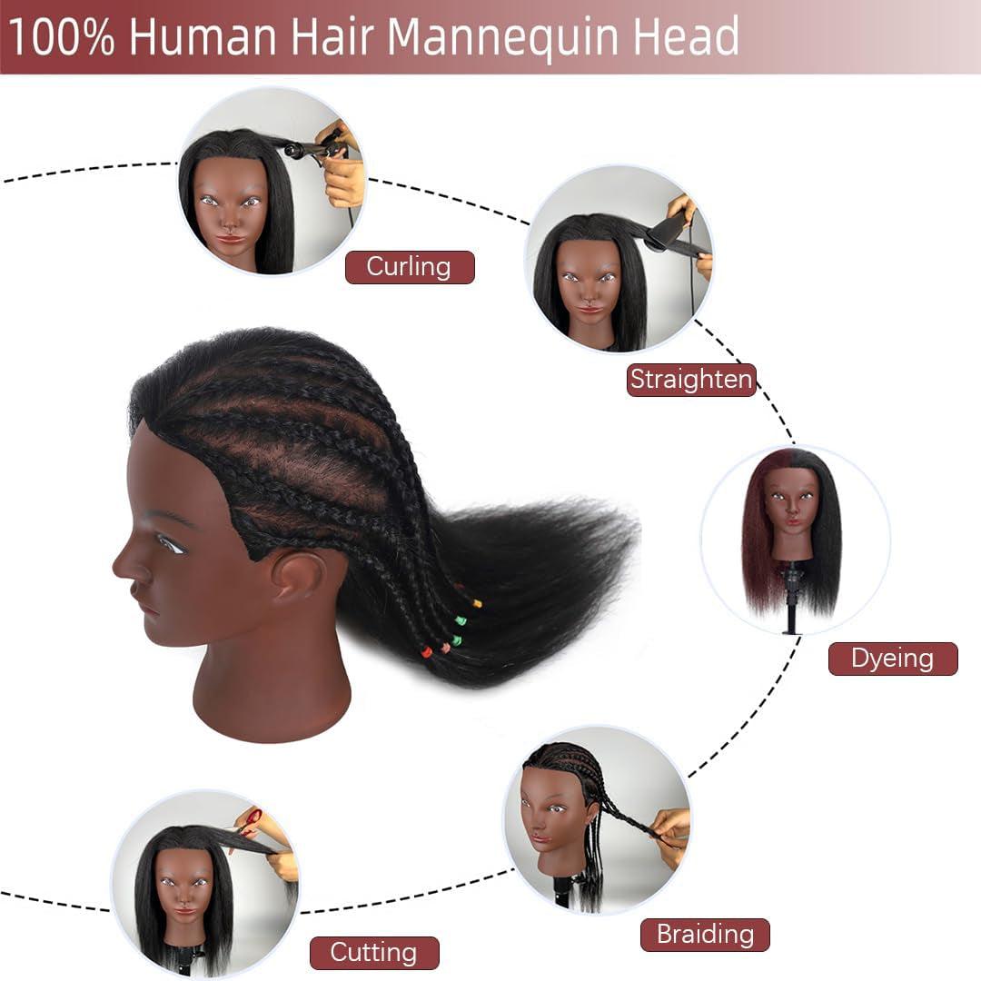 16" Mannequin Head Human Hair with 100% Real Hair Cosmetology Mannequin Doll Head for Hairdresser Practice Braiding Hairstyling with Free Table Clamp Stand (16 Inch)