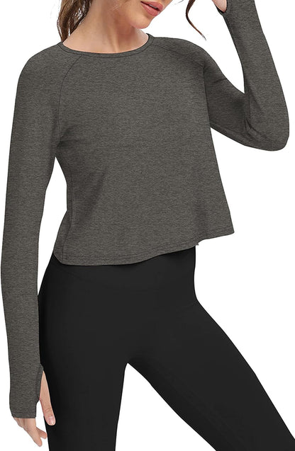Long Sleeve Athletic Workout Shirts Sports Yoga Gym Crop Tops for Women