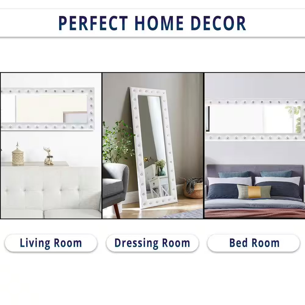 White 22 In. W X 63 In. H Modern Crystal Tufted Rectangle Framed Leaning Mirror