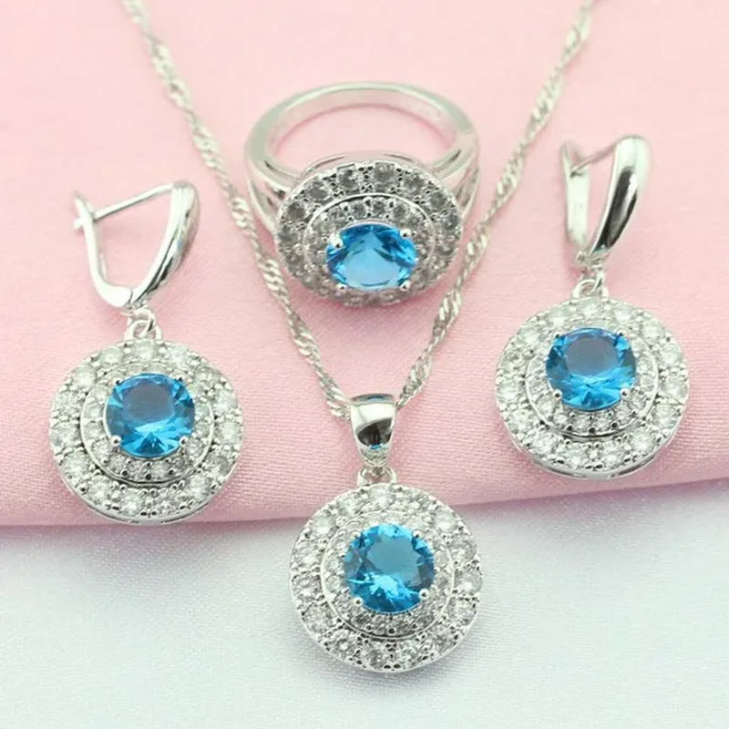 Light Blue Topaz White Zircon 925 Silver Jewelry Sets Necklace Pendant Earrings Rings For Women Dating Gift