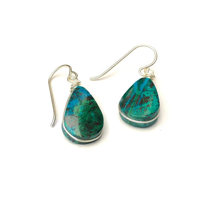 Chrysocolla Earrings Gold Filled Wire Wrap Dangle Blue Green Teardrop Stones - Handmade Healing Crystal Gemstone Jewelry Gift for Women by