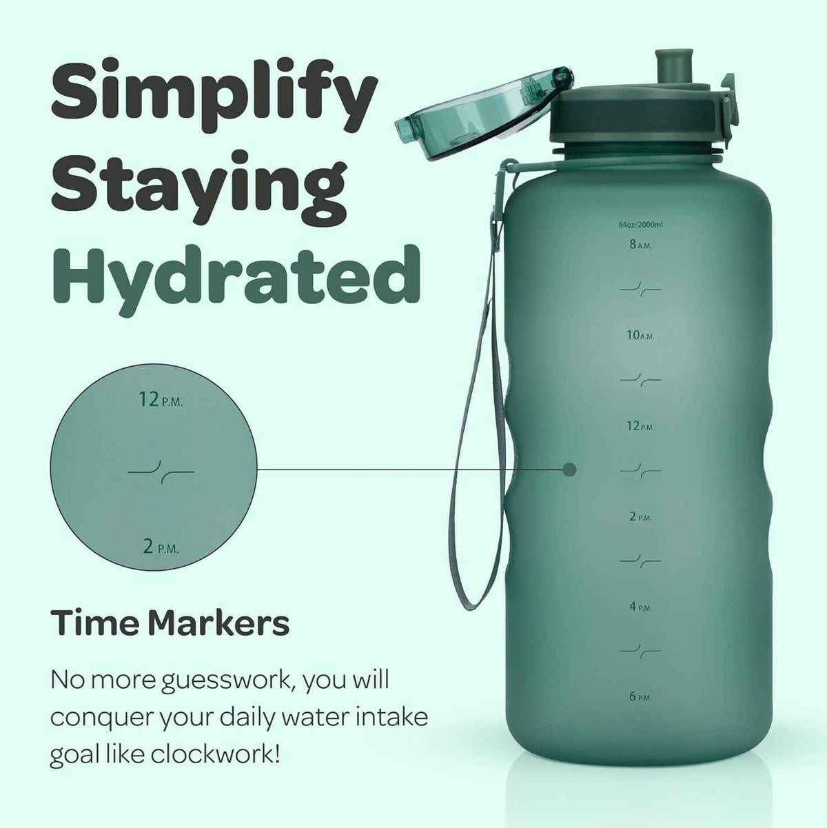 Water Bottle with Time Marker -Large BPA Free Water Bottle & No Sweat Sleeve -Leak Proof Gym Bottle with Fruit Infuser Strainer & Times to Drink -Ideal for Fitness Sports & Outdoors