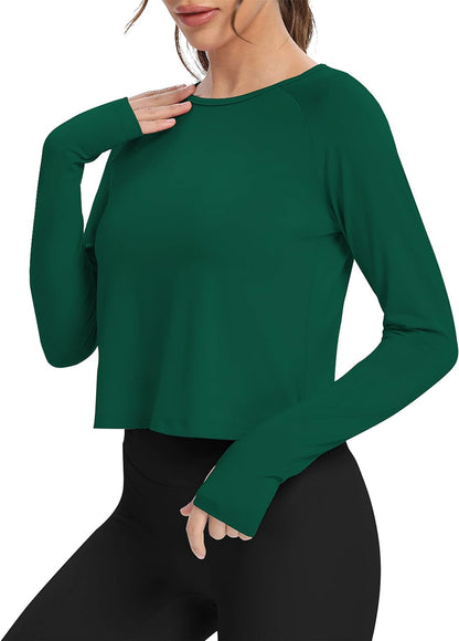 Long Sleeve Athletic Workout Shirts Sports Yoga Gym Crop Tops for Women