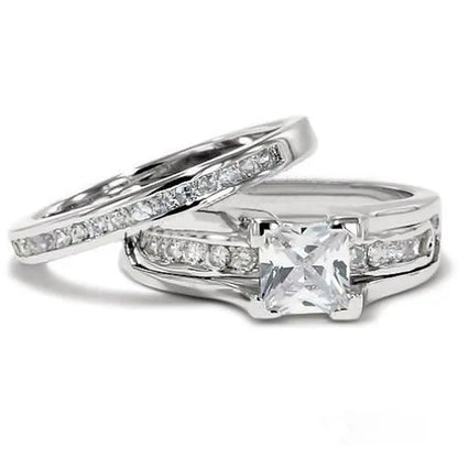 His and Hers Stainless Steel Princess Wedding Ring Set and Eternity Wedding Band