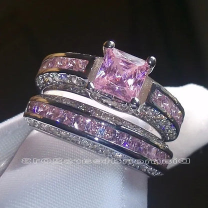 2Pcs/Set Princess Luxury 925 Silver Plated Amethyst CZ Gemstones Wedding Set Rings Size 6-11  (Choice Color and Size )