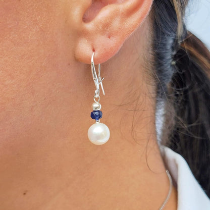 Real Stone and Freshwater Pearl Drop Earrings with Solid 925 Sterling Silver and Gold Dangle Birthstone Jewelry Gift for Her  (Sapphire, Sterling-Silver)