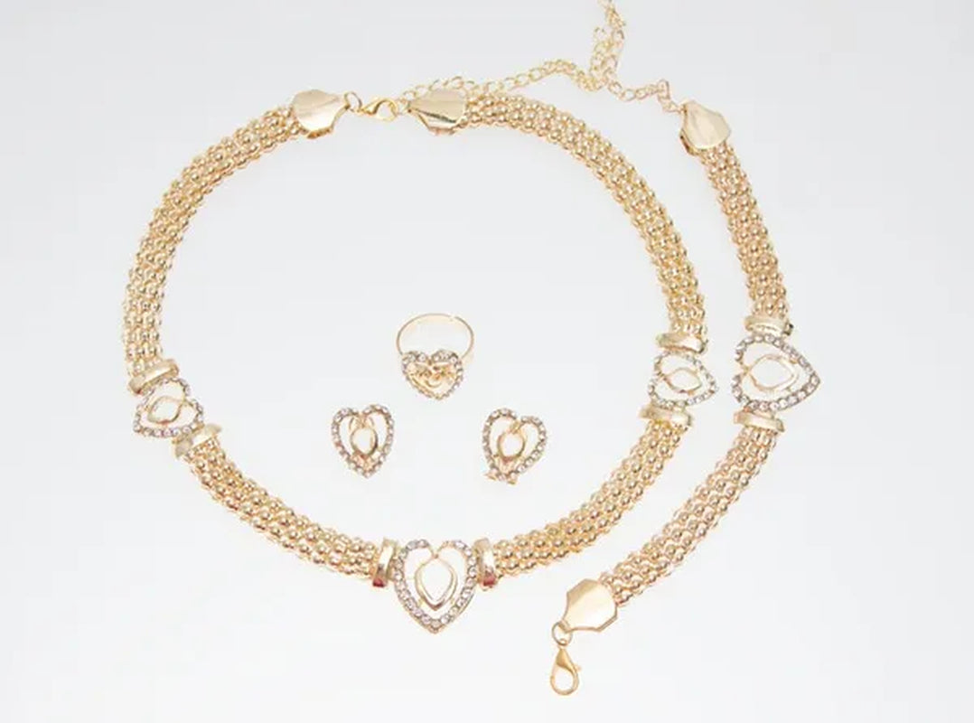 Dubai Gold Plated Heart Shape Necklace Set Fashion Crystal Wedding Bridal Costume Jewelry Ses