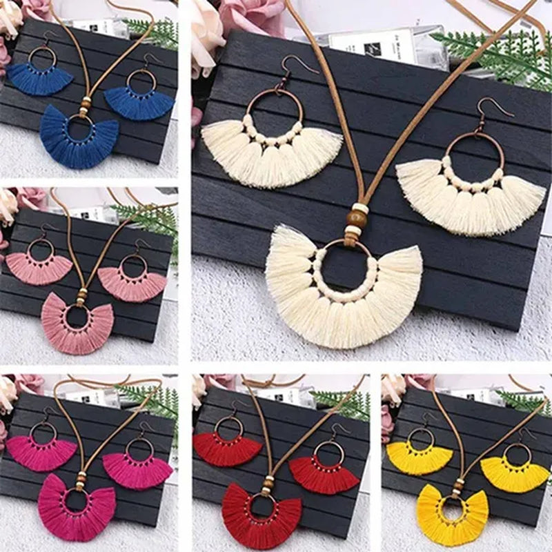 Retro Bohemia Tassel Fan-Shaped Necklace Earrings Set Tassel Jewelry Set Ethnic Big Necklace Beach Wear