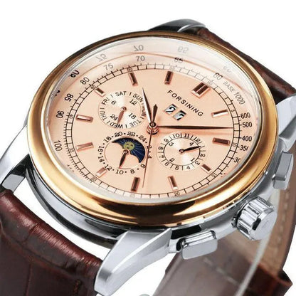 Forsining Moon Phase Shanghai Movement Rose Gold Case Brown Bracelet En Cuir Véritable Montres Pour Hommes Top Brand Luxury Auotmatic Watch with Gift Box