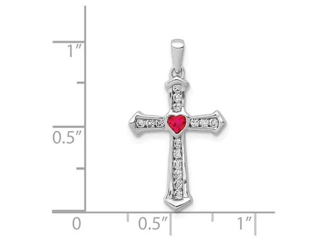 Natural Ruby 1/10 Carat (ctw) Cross Heart Pendant Necklace with Diamonds 1/5 Carat (ctw) in 14K White Gold
