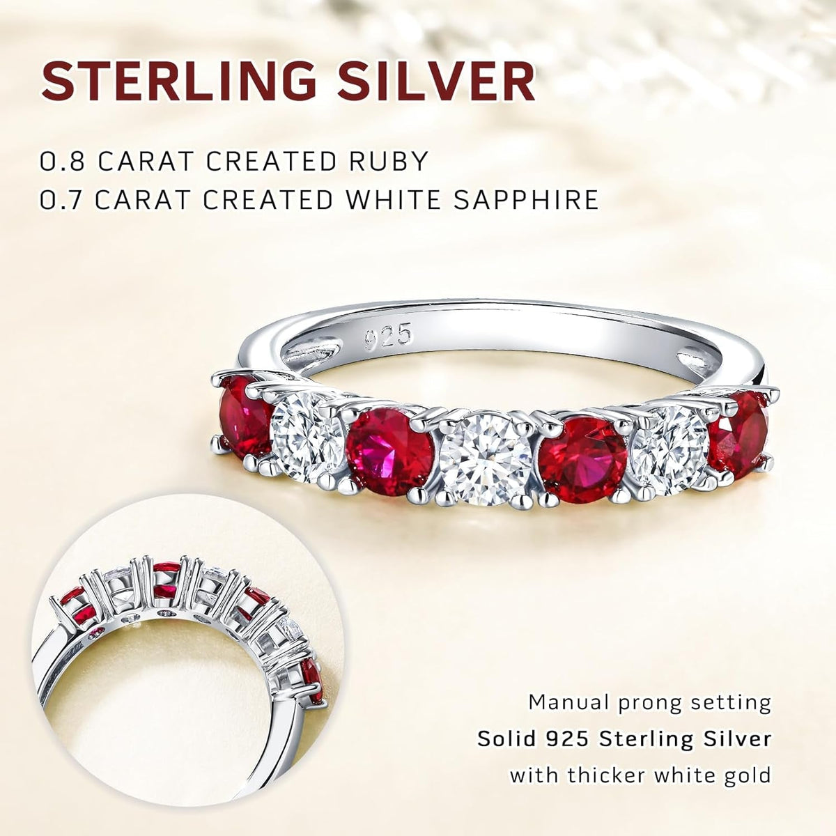 925 Sterling Silver Birthstone Rings for Women White Sapphire Created Gemstone Wedding Band Stackable Half Eternity 7 Stone Anniversary Ring Wife Mom Grandma Birthday Jewelry Size 6-10