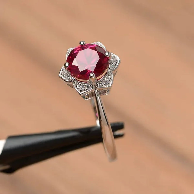 Ruby Ring Sterling Silver Wedding Engagement Ring Round Cut Red Gemstone Ring July Birthstone Sunflower Ring