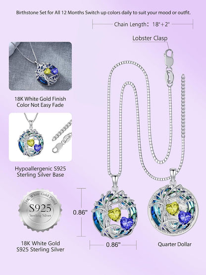 Mothers Day Gifts for Women 925 Sterling Silver Family Tree of Life Pendant Necklaces with 2 Heart Birthstone with Blue round Austrian Crystal Jewelry Birthday Anniversary Christmas Gifts for Her Wife Girlfriend Mom (18K Real White Gold Filled)