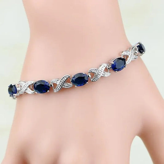 925 Sterling Silver Jewelry Blue Sapphire White Topaz Chain&Link Charm Bracelets For Women