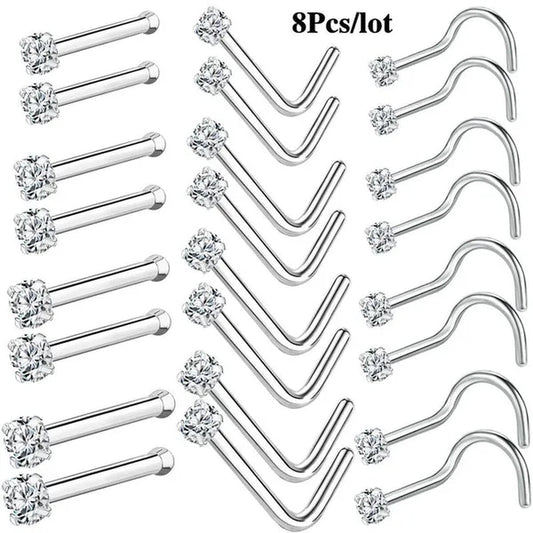 8Pcs 20G/18G 925 Sterling Silver Nose Stud Set Cubic Zircon Nose Piercing L Shaped/Nose Bone/Nose Screws Rings Nostril Piercing Jewelry