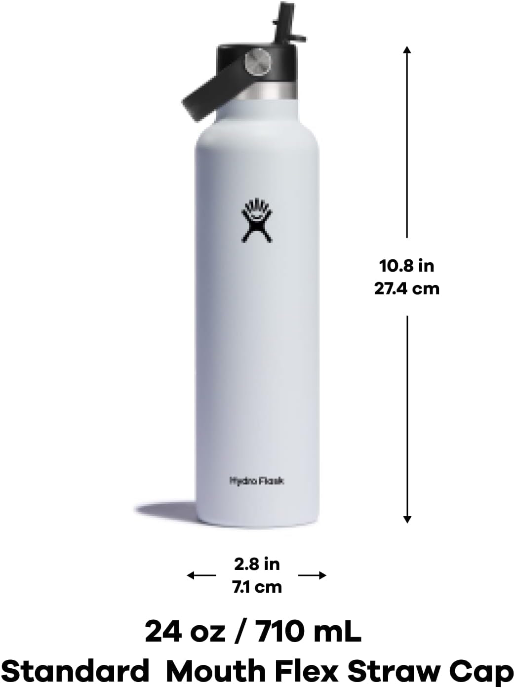 24 Oz Stainless Steel Standard Mouth Water Bottle with Flex Straw Cap and Double-Wall Vacuum Insulation