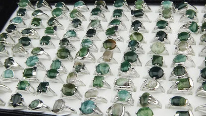 Vintage Hot Selling Mix Style 10pcs Natural Green Stones Tourmaline Fashion Silver Rings for Womens Mens Wholesale Jewelry Lots