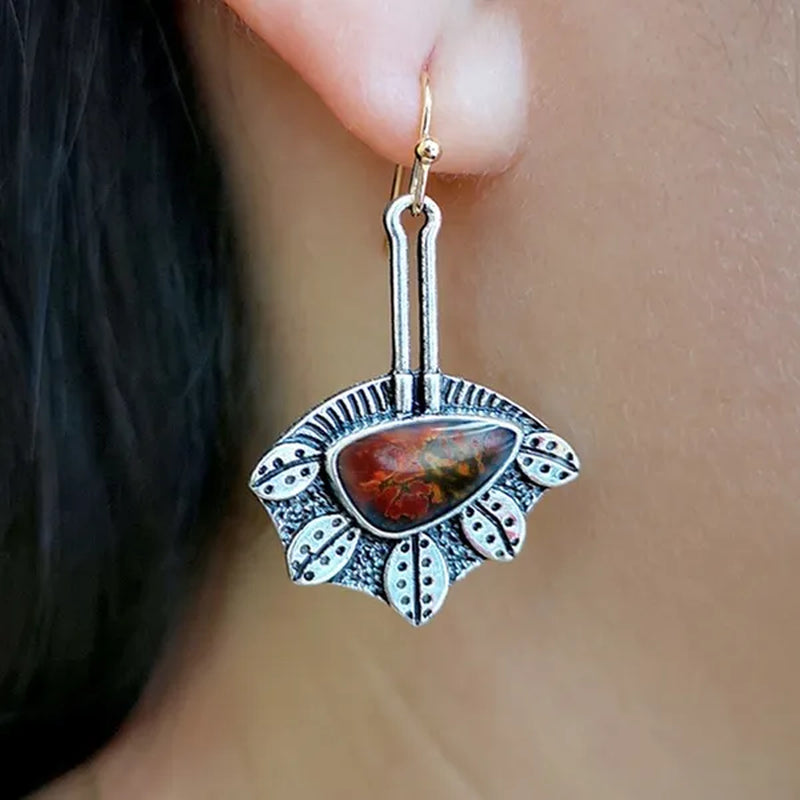 1 pair Antique 925 Sterling Silver Pendant Earrings Natural Gemstone Inlay Dangle Earrings Bridal Engagement Wedding Anniversary Gift  Bohemian Style Earrings