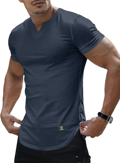 Mens Muscle T Shirts V Neck Short Sleeve Henley Shirt Hipster Longline Gym Workout Athletic Tee Shirts