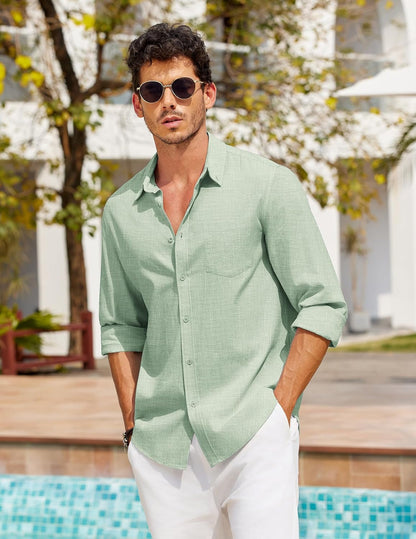 Men'S Long Sleeve Button down Shirts Casual Cotton Linen Shirts Summer Beach Shirt with Pocket