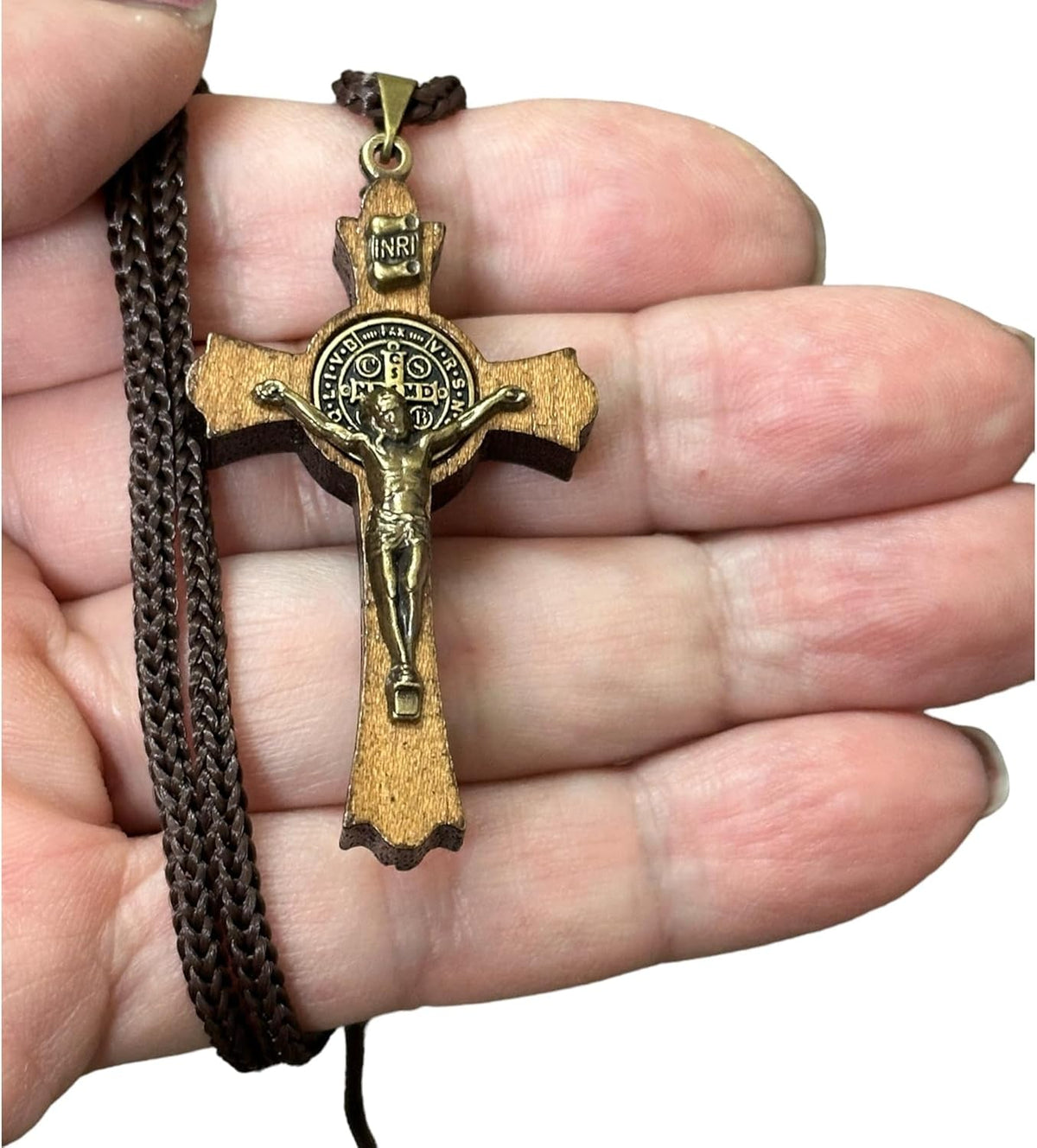 Saint Benedict Medal Wood Crucifix Cord Necklace for Men & Women – Handcrafted Religious Pendant, Healing, Travel Protection, Perfect for Gifting on Special Occasions, Made in Brazil