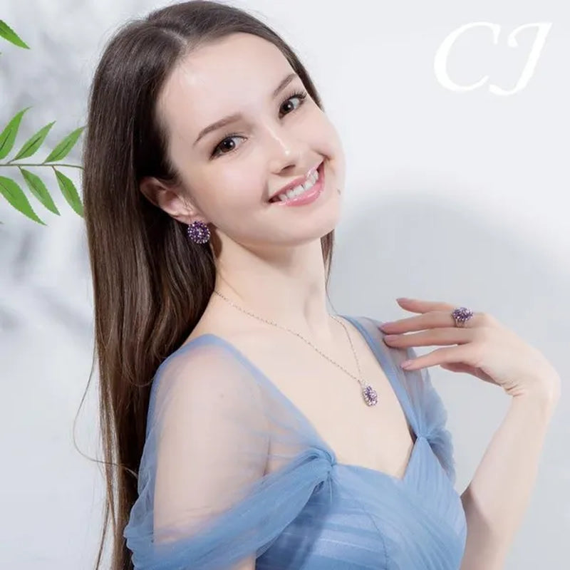 CANDICE Elegant Flower Jewelry Set Paved Green Stones Fashion Sterling Silver Plated Pendant Necklace Earrings Ring Sets