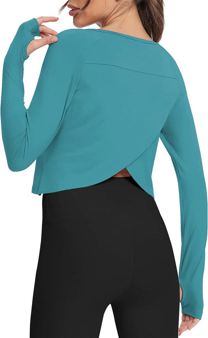 Long Sleeve Athletic Workout Shirts Sports Yoga Gym Crop Tops for Women