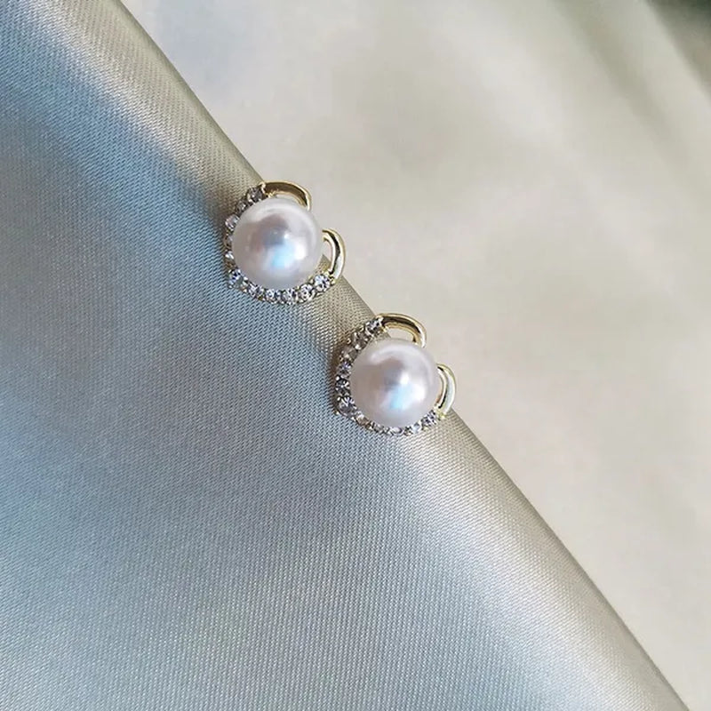 2021 Trendy Fashion Women's S925 Silver  Exquisite Pearl Heart-shaped Diamond Crystal Earrings Prevent allergy Jewelry
