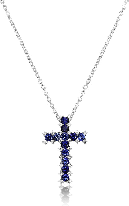 Sapphire Cross Pendant Necklace 925 Sterling Silver Women’s Jewelry
