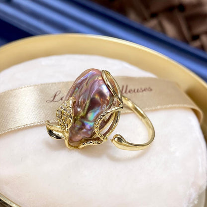 Irregular Pearl Ring, Baroque Pearl Leaf Shape Rhinestone Ring, Gold Vintage Pearl Stacking Ring, Open End Adjustable Statement Ring, Fashion Jewelry Ring Gift for Women