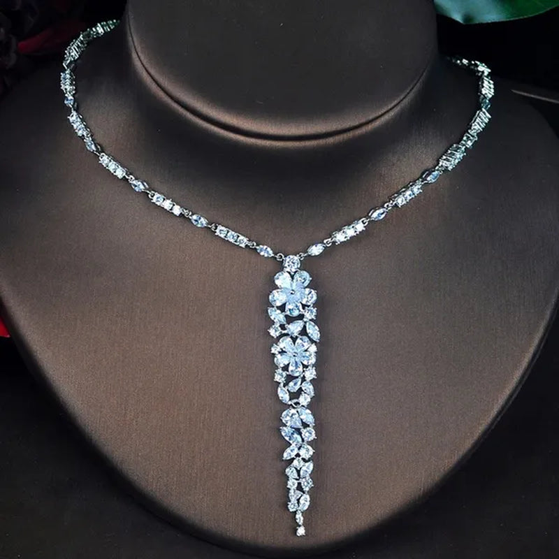 Gloriya Luxury White Gold Plating Blue CZ Flower Jewelry Bridal Wedding Long Pendant Necklace Earrings Set for Brides
