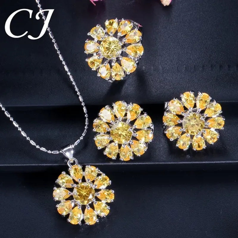 CANDICE BLUE Zirconia Stone Flower Stud Earrings Necklace Ring Fashion Sterling Silver Plated Jewelry for Christmas Party
