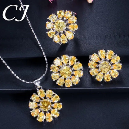 CANDICE BLUE Zirconia Stone Flower Stud Earrings Necklace Ring Fashion Sterling Silver Plated Jewelry for Christmas Party