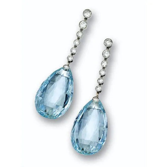 925 Sterling Silver Aquamarine Zircon Diamond Gemstones Birthstone Ear Studs Earring Bride Princess Wedding Engagement