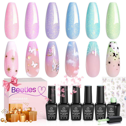 Nail Set 6 Colors, Pink Champagne Glitter Gel Nail Kit Old Money Collection Nude Pink Cream Color Soak Off UV LED Manicure Kit for Women Girls