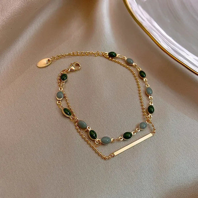 Blue Green Color Crystal Charm Bracelets for Women Gold Color Beaded Chain Double Layered Adjustable Bracelet Accessories