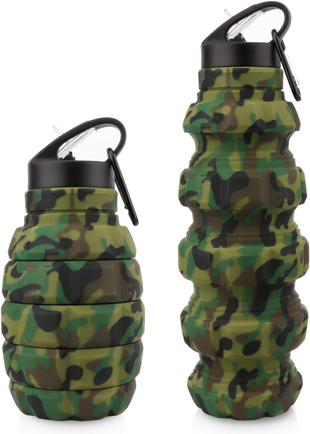Collapsible Travel Water Bottle19.6 Oz, Reuseable Silicone Foldable Water Bottles for Gym Camping Hiking, Portable Leak Proof Sports Water Bottle with Carabiner (Army Green Camouflage)