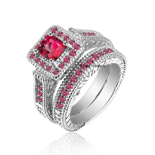Sz6-9 10KT White Filled Princess cut 5mm Red CZ Ruby Womens Wedding Ring Bridal Sets
