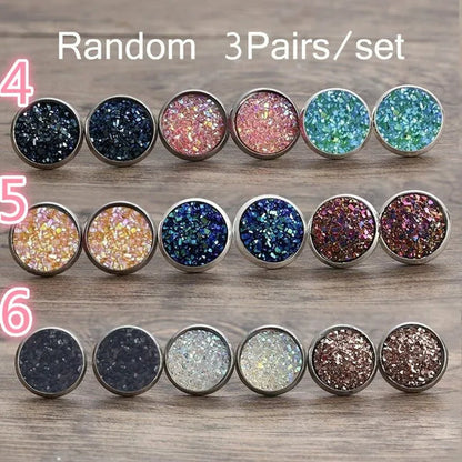 3pairs Vintage Stainless Natural Gemstones Opal Druzy Stud Earring Set 925 Sterling Silver Hypoallergenic Engagement Wedding Studs Earrings Bridesmaid Jewelry Gifts