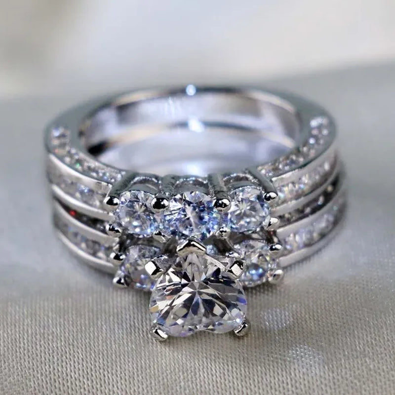 2020 Romantic Couple Jewelry Men's 316 Stainless Steel Double Row Zircon Ring And Ladies Heart Ring Set Couple Ring Bride Wedding Engagement Jewelry(Include: man ring or woman ring)