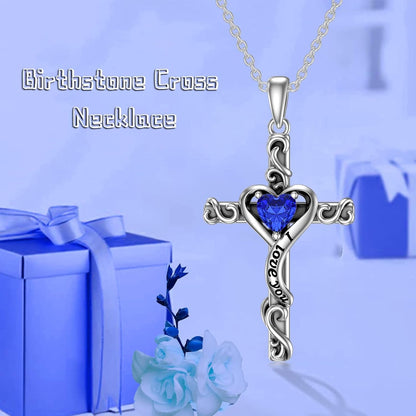 Birthstone Cross Necklace for Women 925 Sterling Silver Heart Cross Pendant Necklace I Love You Jewelry Anniversary Birthday Gifts for Her Mom