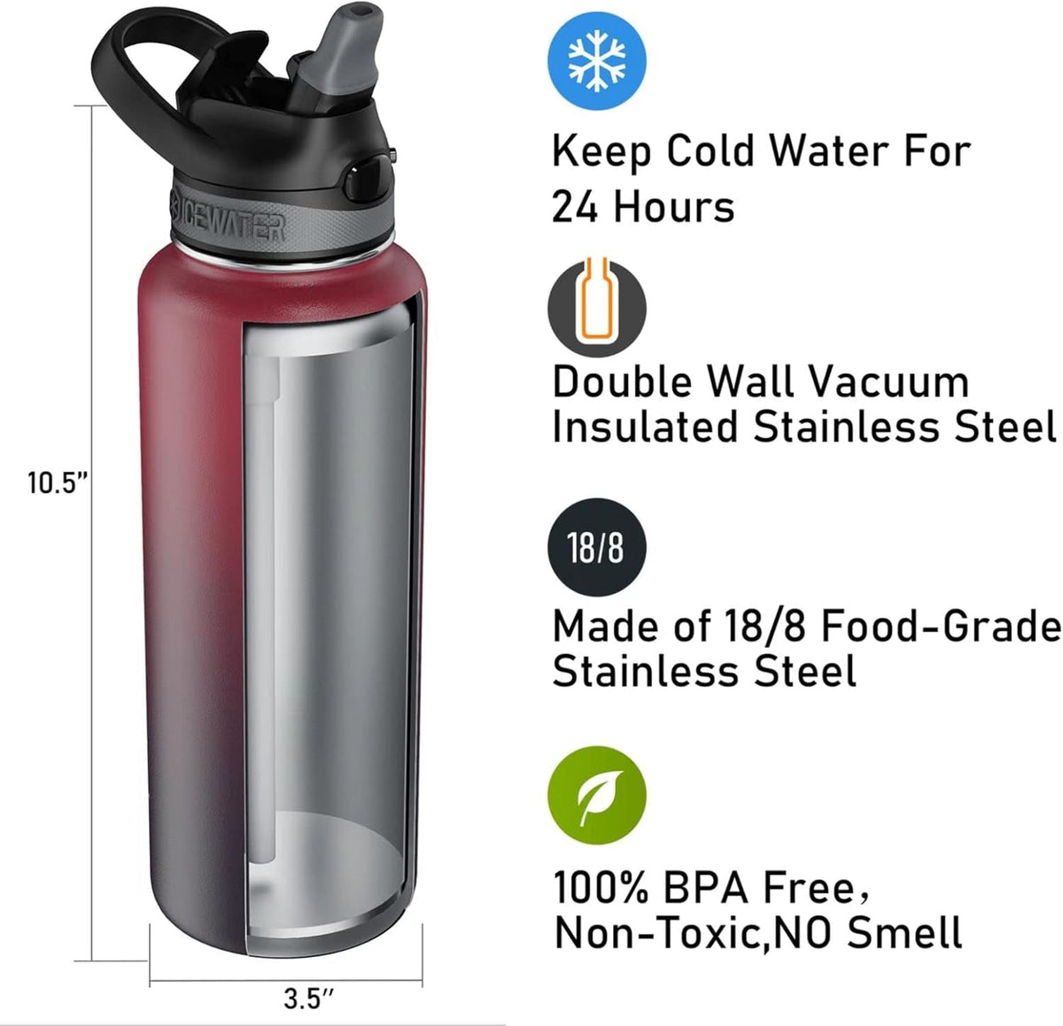 '-32 Oz, Insulated Water Bottle with Straw and Carry Handle, Leakproof Lockable Lid with Soft Silicone Spout, One-Hand Operation, Double Walled Vacuum Stainless Steel (32 Oz, Dark Rainbow)
