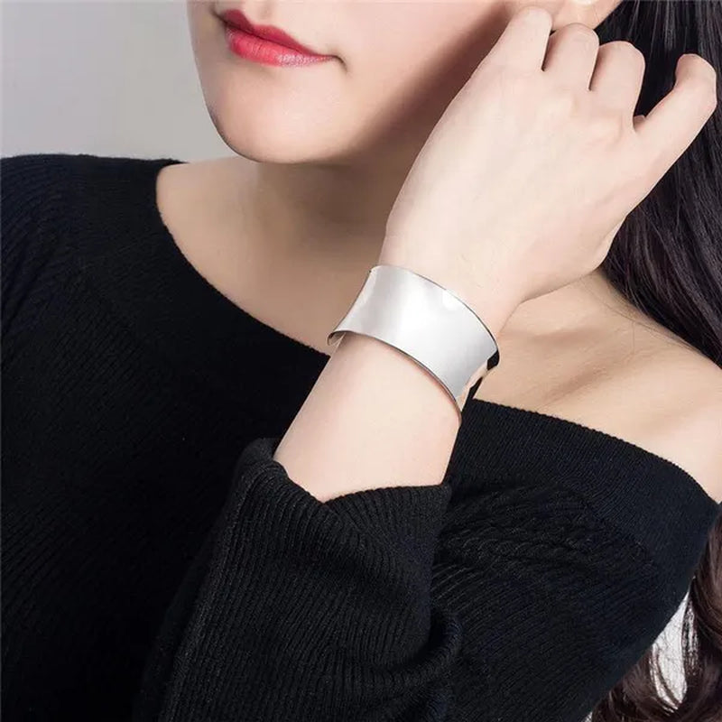 Exquisite 925 Silver Color Smooth Wide Open Bangle Bracelets for Women Man Fashion Party Wedding Jewelry Valentine's Gift