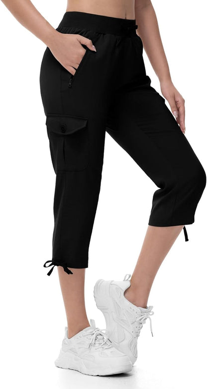 Women'S Capri Pants Lightweight Quick Dry Hiking Cargo Pockets Casual Water Resistant Travel Cropped Cotton